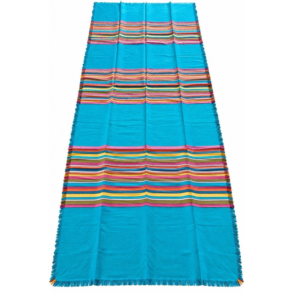 VTG Woven Tablecloth Large 46x115 Turquoise Mexican Style Stripe Fringe Colorful